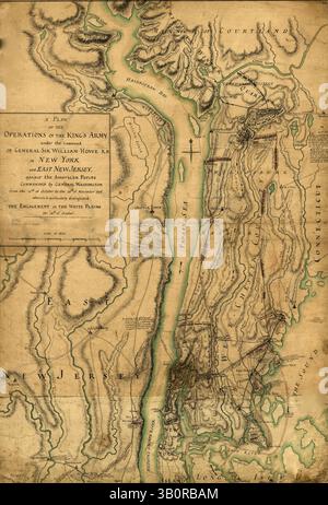 12 octobre 1776 - New Jersey, États-Unis - Un plan des opérations de l'armée du roi sous le commandement du général Sir William Howe, K.B. à New York et dans l'est du New Jersey, contre les forces américaines commandées par le général Washington du 12 octobre au 28 novembre 1776, où se distingue particulièrement l'engagement sur les plaines blanches le 28 octobre. (Crédit image : © BuyEnlarge/ZUMAPRESS.com) Banque D'Images