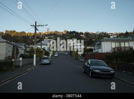 Vue panoramique de la célèbre rue Baldwin la route la plus escarpée du monde de construction d'infrastructures à Dunedin Otago Île du Sud en Nouvelle-Zélande Banque D'Images