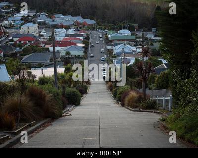 Vue panoramique de la célèbre rue Baldwin la route la plus escarpée du monde de construction d'infrastructures à Dunedin Otago Île du Sud en Nouvelle-Zélande Banque D'Images