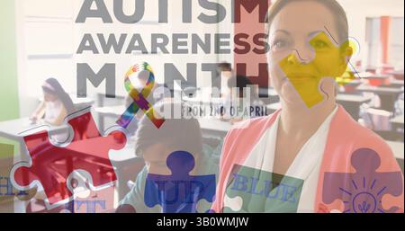 Image du texte du mois de sensibilisation à l'autisme sur divers écoliers et enseignants utilisant une tablette Banque D'Images