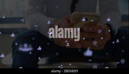 Image du réseau de connexions sur les mains de l'homme d'affaires caucasien utilisant smartphone Banque D'Images