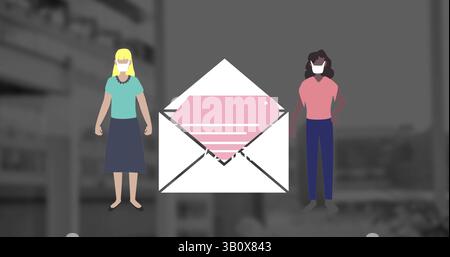 Image de l'icône de message et deux femmes diverses portant un masque facial Banque D'Images