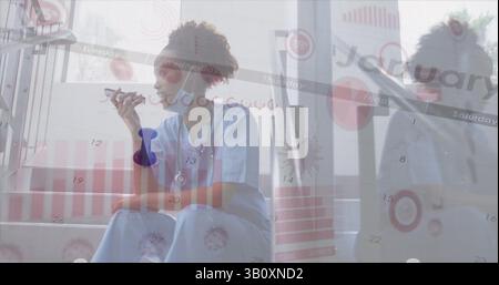 Image de cellules virales et graphiques sur le médecin afro-américain masculin à l'aide de comprimé Banque D'Images