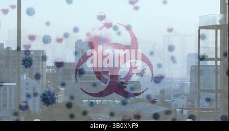 Vue de l'horizon urbain sur un balcon de grande hauteur avec un symbole rouge de danger biologique superposé avec des icônes de virus Banque D'Images