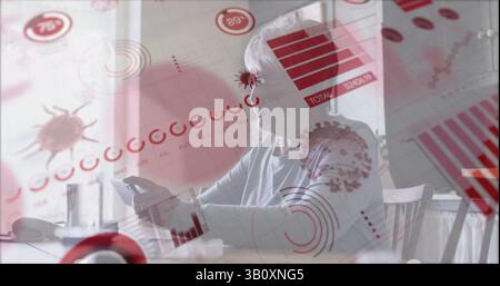 Image de données financières et de cellules virales sur une femme âgée biraciale triste utilisant un smartphone Banque D'Images