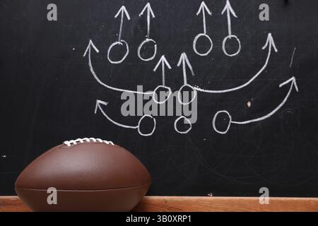 Ballon de football américain près du tableau noir avec schéma de jeu Banque D'Images