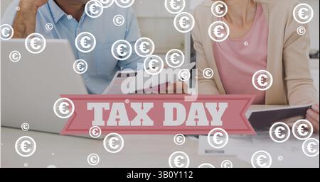 Image des symboles de l'euro sur le texte du jour des impôts et de divers hommes d'affaires effectuant des tâches administratives Banque D'Images