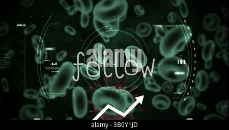 Suivez le texte et le balayage de la portée sur les cellules et vaisseaux sanguins covid-19 sur fond vert Banque D'Images