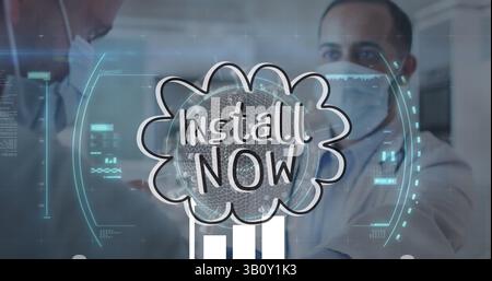 Installez maintenant le texte et la portée scannant sur la cellule covid-19 contre un médecin masculin examinant un patient Banque D'Images