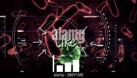 Comme le texte et le balayage de portée sur les cellules et vaisseaux sanguins covid-19 sur fond rouge Banque D'Images