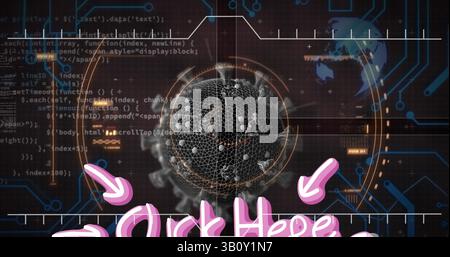 Cliquez ici texte sur le traitement des données contre le balayage de portée sur la cellule covid-19 Banque D'Images