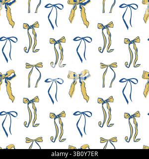 Ruban Bow Seamless pattern vecteur coquettish Girly print doodle fond de noeud romantique dessiné à la main. Jaune et bleu. Texture des accessoires de vacances féminins, papier d'emballage festif mignon vintage. Motif noeud de célébration. Illustration vectorielle Illustration de Vecteur