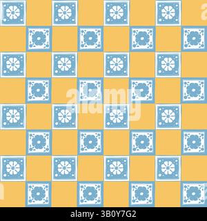 Motif de carreaux de céramique italien bleu et jaune. Poterie en porcelaine méditerranéenne. Ornement folklorique ethnique. talavera mexicain, azulejo portugais, majolique espagnole, motif arabesque. Illustration vectorielle. Illustration de Vecteur