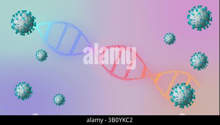 Montrant la double hélice stylisée de l'ADN circulant dans l'espace numérique abstrait, avec des particules ressemblant à des virus Banque D'Images