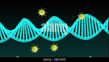 Brin double hélice d'ADN cyan-bleu flottant dérivant dans un fond de laboratoire numérique, avec des particules virales Banque D'Images