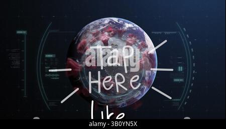 Image de TAP HERE texte et traitement des données sur le globe et les cellules virales Banque D'Images