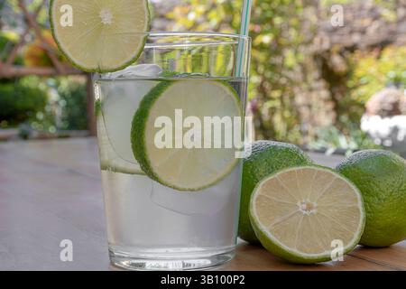 Verre d'eau avec des citrons verts et des glaçons en gros plan. Banque D'Images