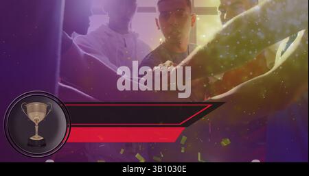 Image de confettis et de tasse sur divers joueurs de football masculins heureux tapant des mains après match Banque D'Images