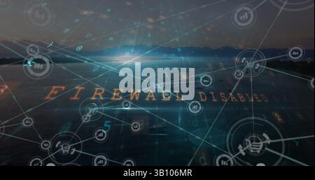 Illustration d'un texte d'avertissement et d'un réseau de connexions en mode paysage Banque D'Images