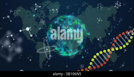 Image de la rotation des brins d'adn et des molécules sur le globe et la carte du monde Banque D'Images