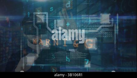 Traitement des données de cybersécurité contre un homme caucasien portant un casque vr touchant un écran invisible Banque D'Images