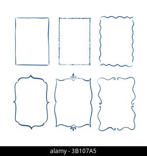 Ensemble d'élégants cadres bleus fantaisistes dessinés à la main dans des styles tendance et vintage. Parfait pour des vacances excentriques, mariage, invitation de bachelorette. Illustration vectorielle Illustration de Vecteur