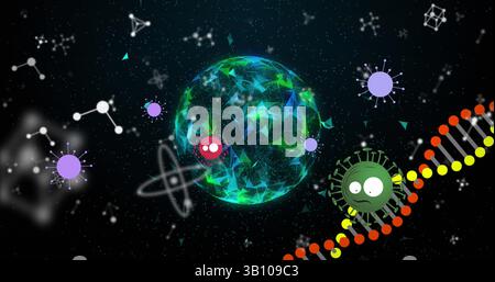 Sphère polygonale brillante flottante dérivant à travers le laboratoire cosmique, avec des particules virales et une hélice d'ADN Banque D'Images