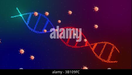 La double hélice d'ADN fluide change les couleurs dans l'espace de l'art numérique, avec des particules pointues ressemblant à des virus Banque D'Images