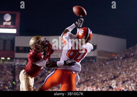 13 novembre 2010 : Clemson Tigers Tight End Brandon Ford (80 ans) fait passer le ballon entre ses mains dans la zone d'extrémité lors de l'action de la Conférence de la côte Atlantique entre les Seminoles de l'État de Floride et les Tigers de l'Université de Clemson au stade Doak Campbell à Tallahassee, en Floride. (Crédit image : © Gray Quetti/Cal Sport Media/ZUMApress.com) Banque D'Images