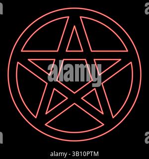 Néon pentakl Neopagan Wicca Pentacle Neo paganisme signe étoile à cinq branches en cercle à l'intérieur rond Pentagram symbole magique rouge illustration vectorielle de couleur Illustration de Vecteur