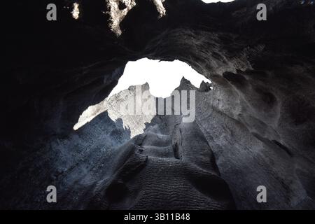 Intérieur d'un séquoia géant brûlé, révélant des textures carbonisées, un noyau creux et une résilience naturelle majestueuse Banque D'Images