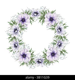 Délicates fleurs d'anémone violettes avec des feuilles vertes et des herbes sauvages. Couronne ronde botanique aquarelle adaptée aux cartes de voeux, invitations de mariage Banque D'Images