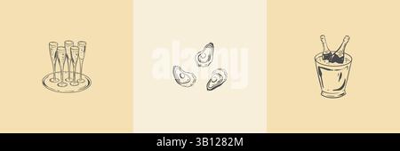 Verres à champagne dessinés à la main sur l'illustration vectorielle de plateau. Huîtres et bouteille de Prosecco dans le seau avec des icônes de ligne vintage de glace. Vin mousseux co Illustration de Vecteur