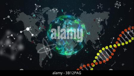 Image de la rotation des brins d'adn et des molécules sur le globe et la carte du monde Banque D'Images