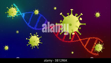 Particules de coronavirus vertes flottantes dérivant autour de l'hélice d'ADN à points bleus rouges en toile de fond numérique Banque D'Images