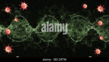 Affichage de double hélice d'ADN vert brillant traversant la conception numérique, avec des icônes de virus rouges Banque D'Images