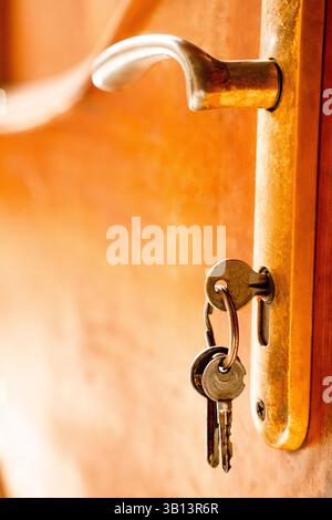 Gros plan d'une clé suspendue dans une serrure de porte, la porte affichant un ton marron doré riche. L'image capture la texture et la couleur détaillées Banque D'Images
