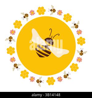 Abeille dans une couronne de flolar. Miel et fleurs. Illustration de Vecteur