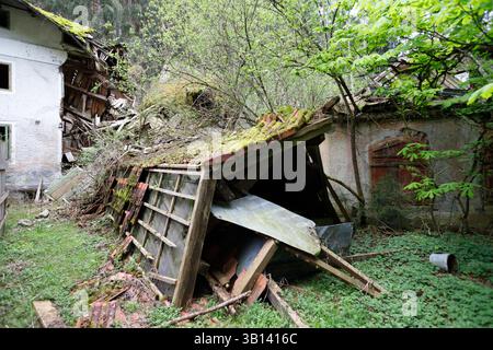 Bad Illstern, italie., lieu perdu. Bâtiment délabré avec structure effondrée, toits couverts de mousse, végétation envahie, et une section de bâtiment blanche Banque D'Images