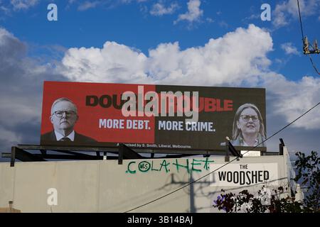 Annonce électorale du Parti libéral sur un panneau d'affichage électronique, tentant de relier Anthony Albanese à Jacinta Allan et soulevant des inquiétudes au sujet de la dette et de la criminalité Banque D'Images