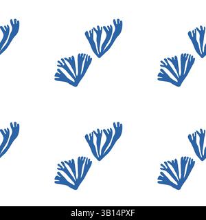 Motif sans couture d'algues sur fond blanc avec des formes bleues d'inspiration marine minimales Illustration de Vecteur