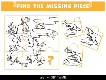 Trouvez la pièce manquante du puzzle. Jeu éducatif pour enfants avec bonhomme de neige fondant, primevères printanières et oiseaux volants. Choisissez l'élément correct. Tâche d'attention Illustration de Vecteur