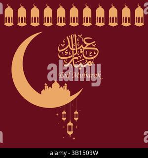 Carte de voeux vectorielle Eid Al-Fitr sur fond rouge avec texte arabe traduisant en 'fête bénie ou Festival'. Parfait pour la publication sur les médias sociaux. Illustration de Vecteur