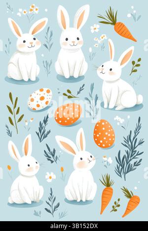 Illustration mettant en vedette des lapins blancs joyeux, des œufs à motifs et des carottes vibrantes, entourées de verdure florale. Parfait pour Pâques, les thèmes du printemps, ou Banque D'Images