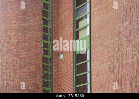 Borken, NRW, Allemagne, détail architectural avec un mur de briques rouges, des cadres de fenêtres verts et des branches de lierre séchées, créant un contraste saisissant, Euro Banque D'Images