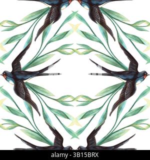 Motif sans couture de printemps avec des hirondelles et du feuillage. Botanical aquarelle dessinée à la main avec des oiseaux volants et des feuilles fond floral parfait pour le mariage Banque D'Images