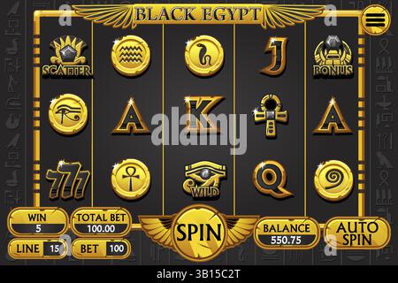 Egypte doré-noir slot UI. Menu des machines à sous avec boutons standard pour le développement de jeu dans des couleurs dorées-noires. Écran principal du gameplay des machines à sous du casino. Égypte Illustration de Vecteur