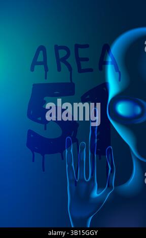 Un extraterrestre en prison dans une cellule de verre écrit sur le verre brumé mots Area 51. Fond ou affiche pour la Journée mondiale des OVNIS. Zone 51 dans le Nevada. La tête d'un Illustration de Vecteur