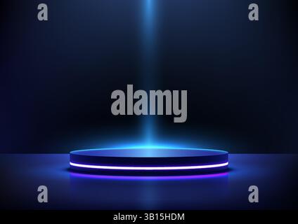 Podium cylindrique bleu futuriste en 3D avec des accents blancs néon baignés dans un faisceau lumineux incandescent, parfait pour la maquette d'affichage de produit, la vitrine technologique, ou s. Illustration de Vecteur