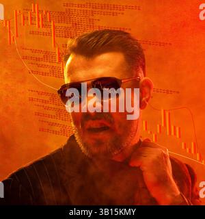 Création conceptuelle. Homme saisissant le collier tout en criant de panique près du graphique rouge montrant la peur financière et la pression du marché. Banque D'Images